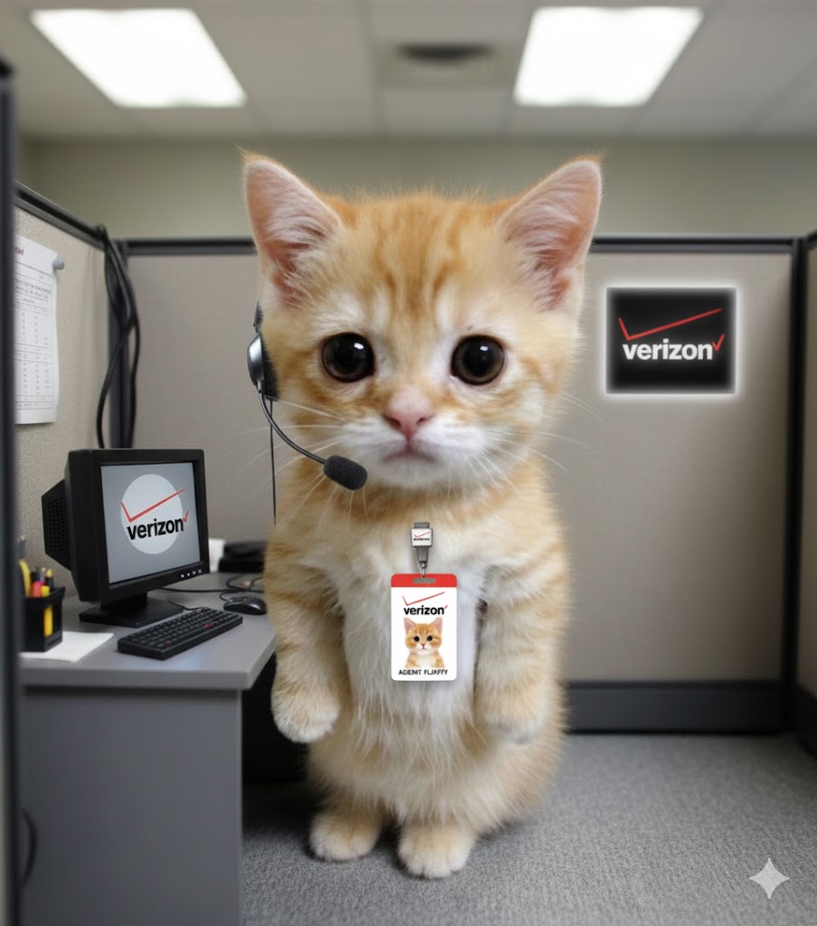Foto de perfil de un gatito atigrado naranja con un auricular de call center, sentado en un cubículo de Verizon.